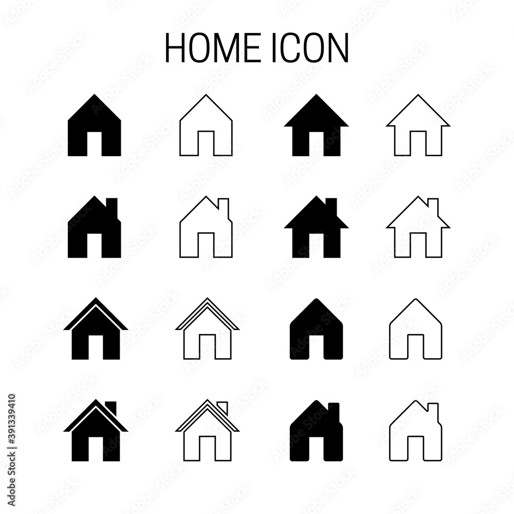 A collection of home icons with various styles. Perfect for the design elements of buttons, user experience, and basic symbols of the home. Solid and outlined home icon set.