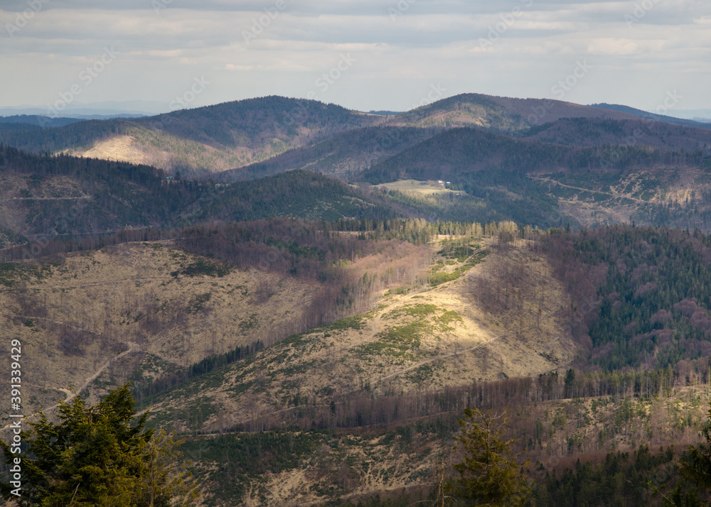 Mountain landscape form the trail to Wielka Racza, Żywiec Beskids (Beskid Żywiecki), Carpathian Mountains, Poland