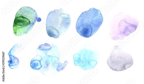 Set of blue hand drawn watercolor drops