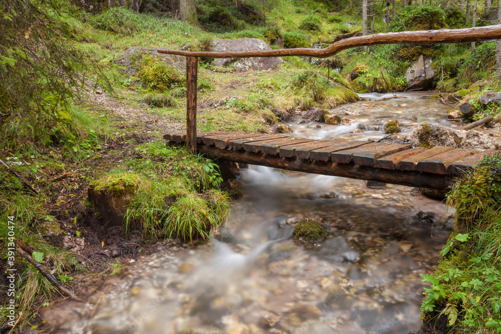 Fototapeta premium A mountain stream flows in the misty forest
