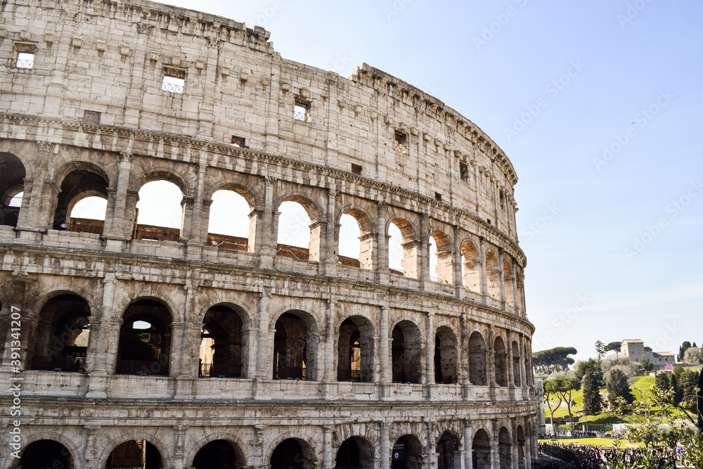 Colosseum, the icon of Rome, in a beautiful sunny Easter sunday.