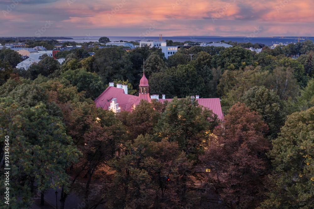 Old building surrounded by green park. Evening top view of night Tallinn, Estonia. Dramatic sunset sky