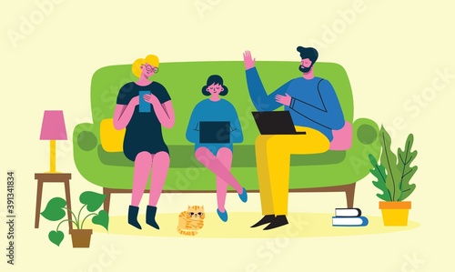 Stay and work at home. Parents and child at home and using digital devices. infographic design elements vector illustration