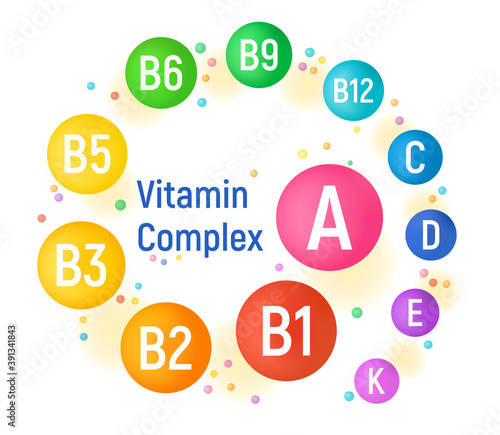 Colorful vitamin complex with glossy balls for infographics, science articles, medicine and health magazines. Colored vector illustration