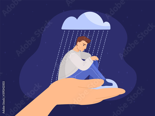 Psychological assistance concept. A young male character sitting on a hand palm, psychotherapy, help and support, a counseling session. Flat cartoon vector illustration with fictional character