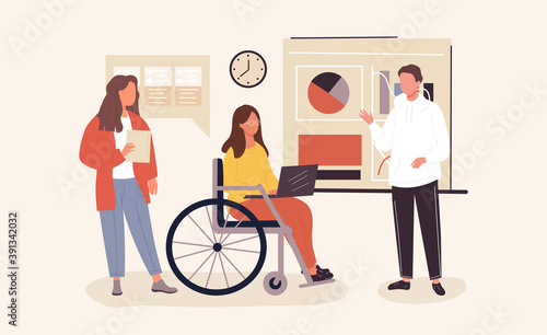 A group of young people is working in the office. Flat cartoon vector illustration