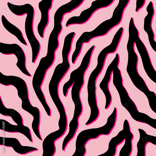 Zebra stripes seamless pattern. Tiger stripes skin print design. Wild animal hide artwork background. Color vector illustration.