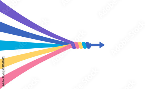 The abstract concept of teamwork, partnership, merger, alliance. Many multi-colored lines merge into a single arrow. Flat vector illustration isolated in white background.