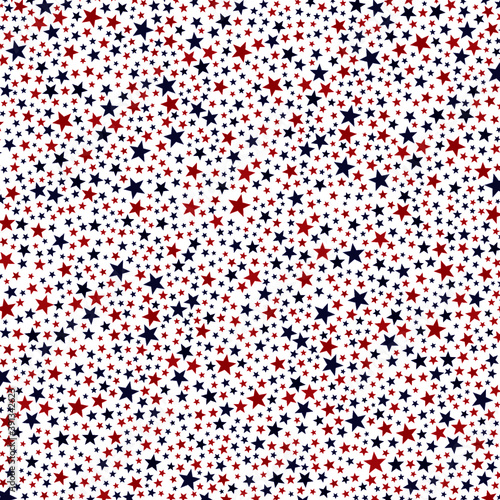 Red and blue stars seamless abstract pattern design. Detailed star pattern, various red and blue stars graphic design placard, poster, wallpaper or background in USA flag colors