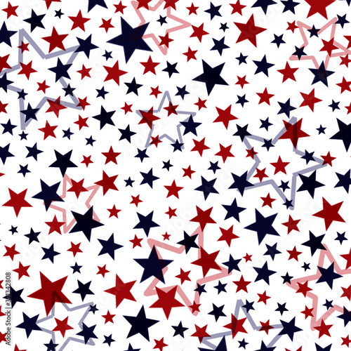 Abstract stars pattern with red and blue star shapes seamless background. Minimalist ornament design  red and blue color stars textures. USA flag concept wallpaper  poster or flyer