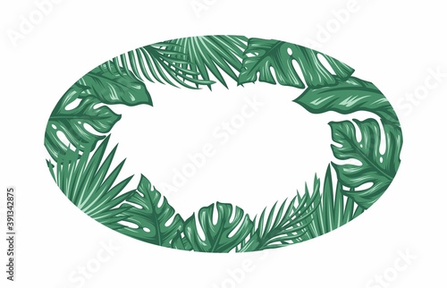 Tropical floral frames, oval shape, palm fans, monstera leaves. Blank place for text. Botanical illustration. -vector