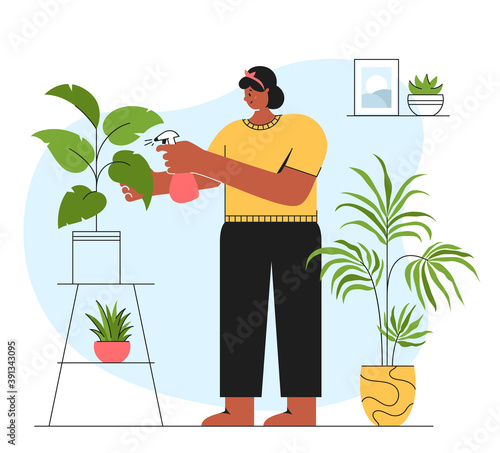 Woman care for indoor plants. Illustration isolated on white background.