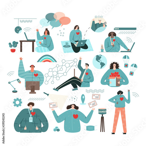 Virtual volunteer opportunities concept. Set places to charity online flat vector illustration. Global international community support people in need. Teamwork volunteering, support and aid for human