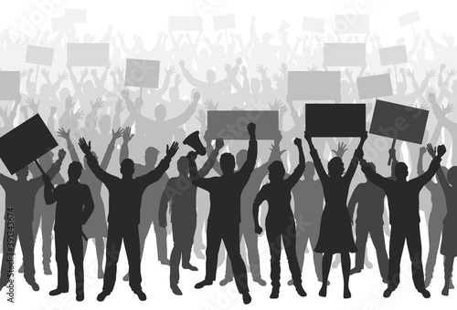 Crowd of protesters. Silhouettes of people with hands raised up, with banners and megaphone. Demonstration, strike and revolution concept. Political protest and the fight for human rights. Vector 