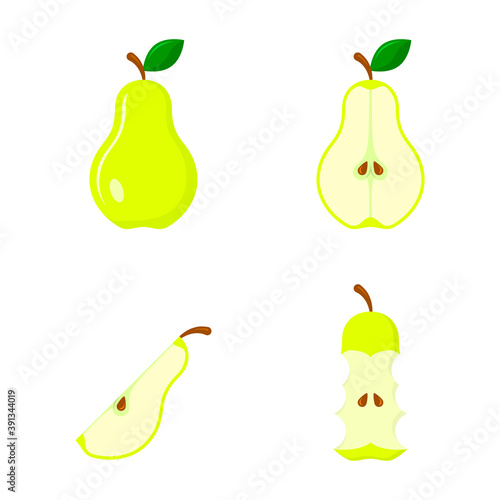 Pear icon set, whole, half of fruit with leaf, stub on a white background. Fruit Vector illustration