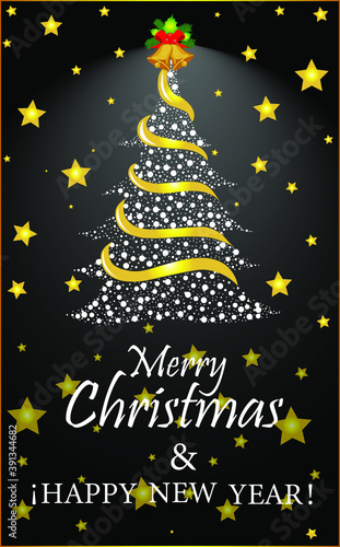Tarjeta de felicitación para navidad y año nuevo, fondo negro con estrellas doradas, árbol de navidad hecho con círculos blancos y campanas en la parte superior, feliz navidad y próspero año nuevo en 