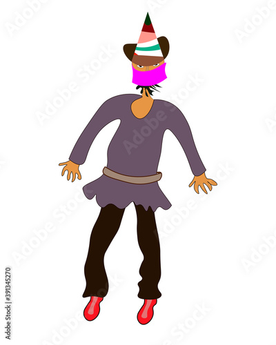 a man in a mask, with a multi-colored cap and strange clothes.