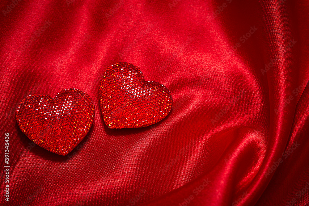 Fototapeta premium Valentines Day Background, Valentine Heart Red Silk Fabric, Wedding Love - Image
