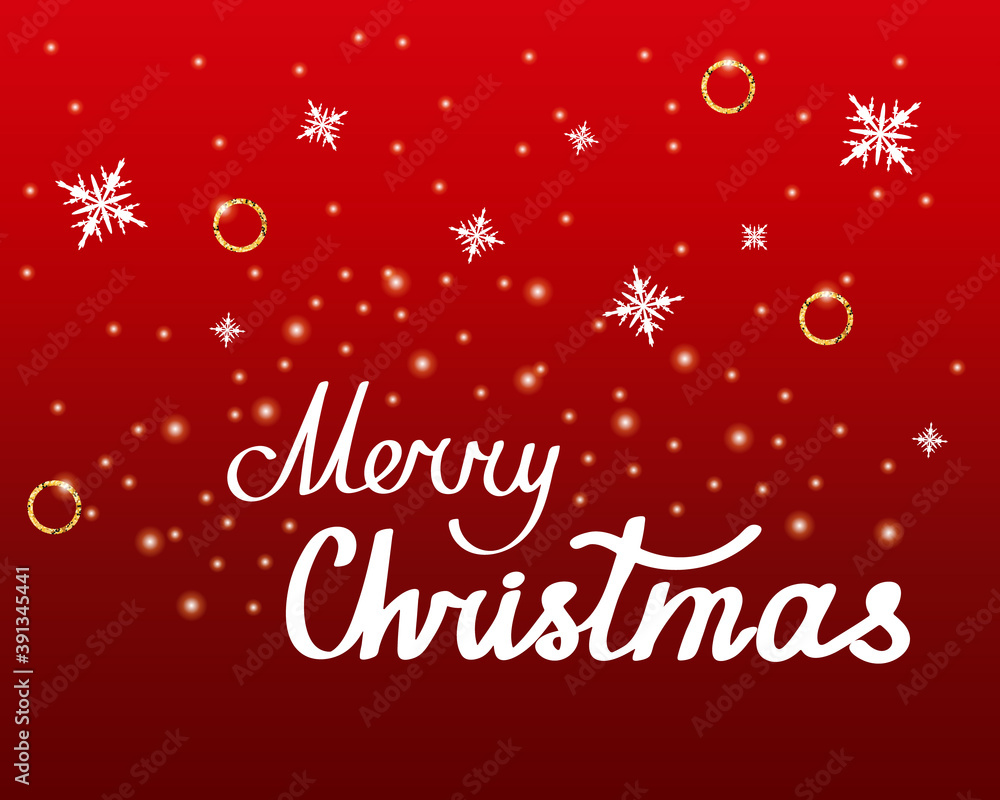 Merry Christmas. Vector illustration with handwritten lettering. White text with snowflakes and sparkles on a red background. Christmas greeting card