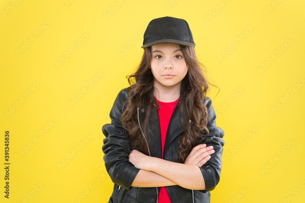 Be confident be yourself. Confident child keep arms crossed yellow background. Cool look of little fashionista. Hair salon. Trendy style. Fashion trend. Outfit that boosts your confidence Be confident be yourself. Confident child keep arms crossed yellow background. Cool look of little fashionista. Hair salon. Trendy style. Fashion trend. Outfit that boosts your confidence