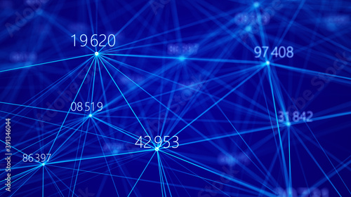 Flying connected numbers on black background. Digital illustration. Network. Computer code. 3d rendering.