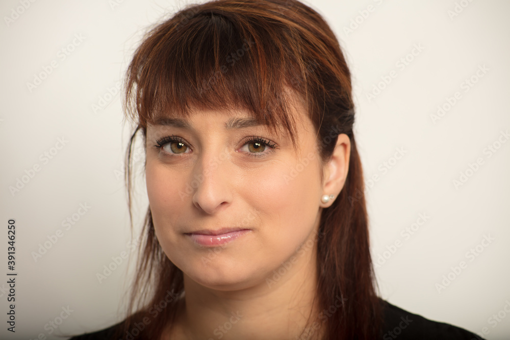 woman portrait close-up studio white background office worker thirty year old businesswoman woman portrait close-up studio white background office worker thirty year old businesswoman