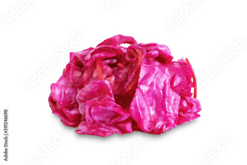 Fresh raw pickled beet cabbage with casrrot on a white isolated background.