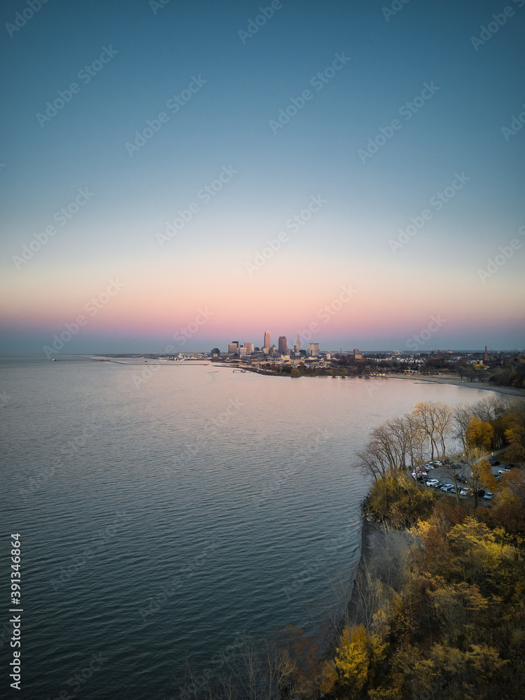 Cleveland ohio skyline from a drone showing edgewater park on the west side