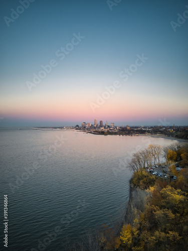 Cleveland ohio skyline from a drone showing edgewater park on the west side