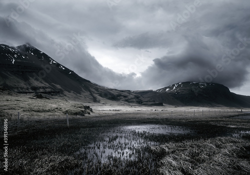 Dramatic stormy Icelandic landscape at dusk
