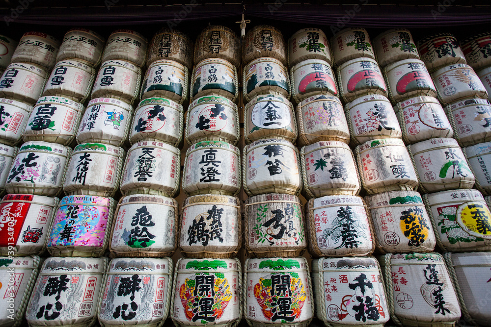 Meiji Jingu Shrine Sake Barrels, Tokyo, Japan, Asia
