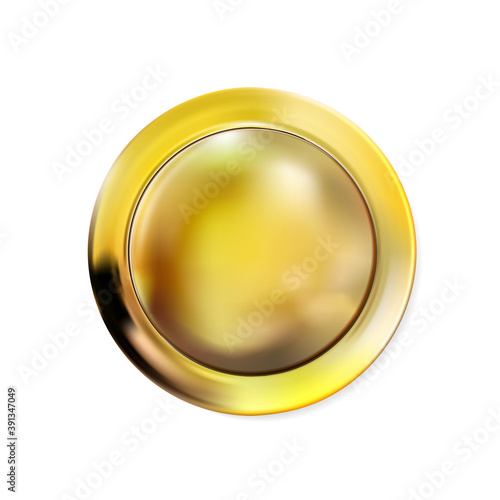 Realistic round gold button isolated on white background. Metal golden circle Ui component. Vector illustration.