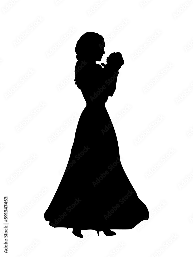 Silhouette happy mother holding newborn baby in arms