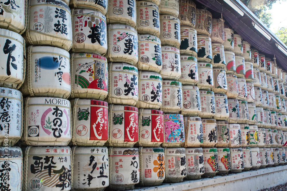 Fototapeta premium Meiji Jingu Shrine Sake Barrels, Tokyo, Japan, Asia 
