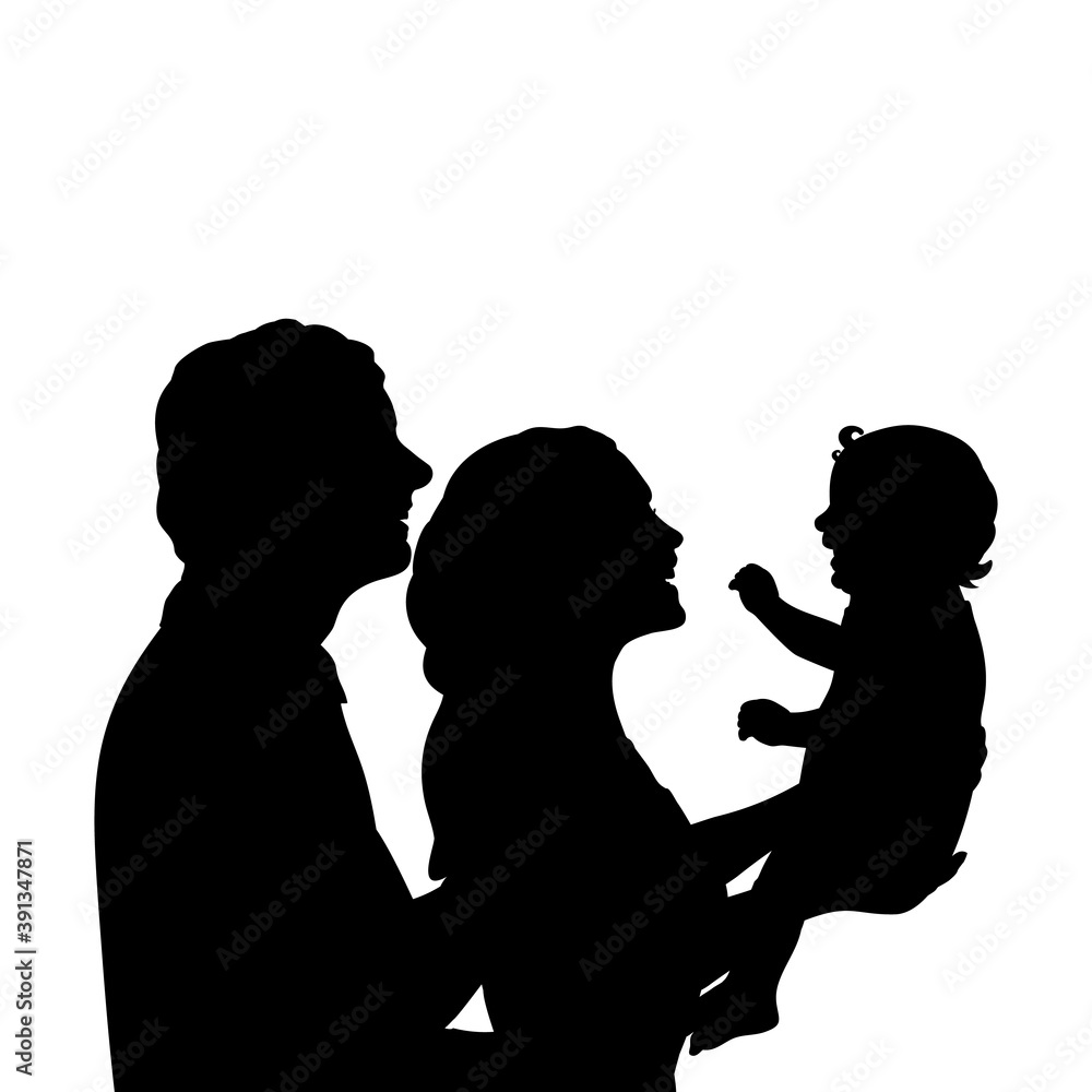 Silhouettes happy father and mother holding newborn baby close up