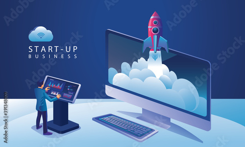 Business Startup launching product with rocket concept. Template and Backgrounds Vector illustration, business project startup process idea through planning and strategy, time management, realization