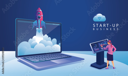 Business Startup launching product with rocket concept. Template and Backgrounds Vector illustration, business project startup process idea through planning and strategy, time management, realization