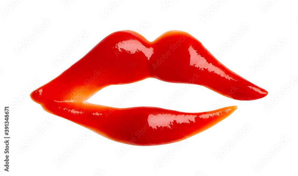 Contour woman lips made of jam or red sauce isolated on white background, close up. Flat lay, top view. Contour woman lips made of jam or red sauce isolated on white background, close up. Flat lay, top view.