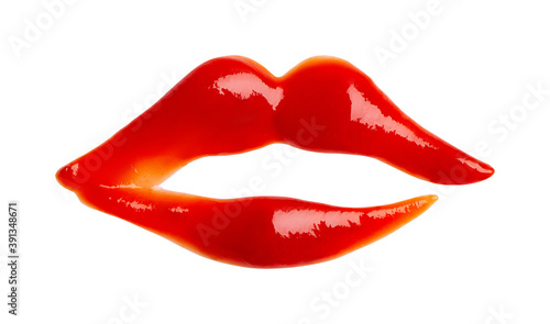 Contour woman lips made of jam or red sauce isolated on white background  close up. Flat lay  top view.