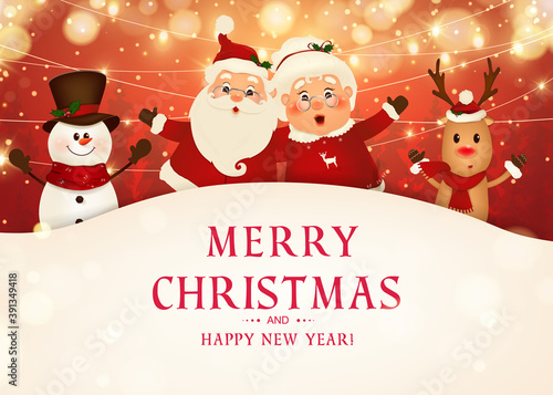 Merry Christmas. Happy new year. Funny Santa Claus with Mrs. Claus, red-nosed Reindeer, snowman in Christmas snow scene winter landscape. Mrs. Claus Together. Vector cartoon character of Santa Claus