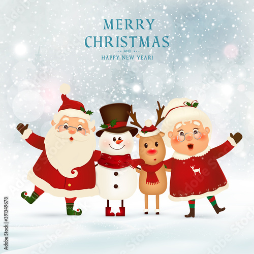 Merry Christmas. Happy new year. Funny Santa Claus with Mrs. Claus, red-nosed Reindeer, snowman in Christmas snow scene winter landscape. Mrs. Claus Together. Vector cartoon character of Santa Claus
