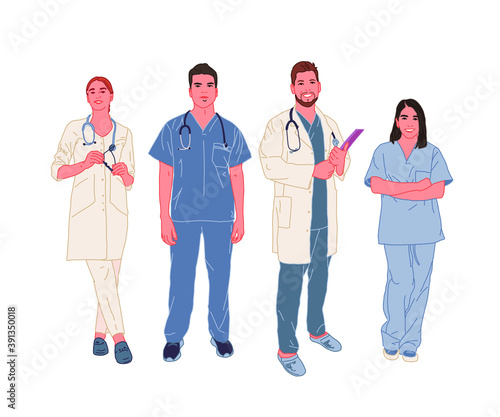 Frontal characters, full length illustrations of doctors and nurses characters. Vector