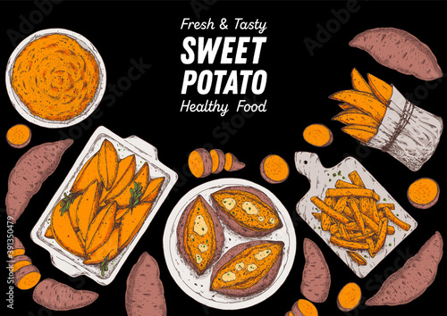 Sweet potato illustration. Batatas hand drawn vector illustration. Farm market food. Raw and cooked sweet potatoes hand drawn. Packaging design.