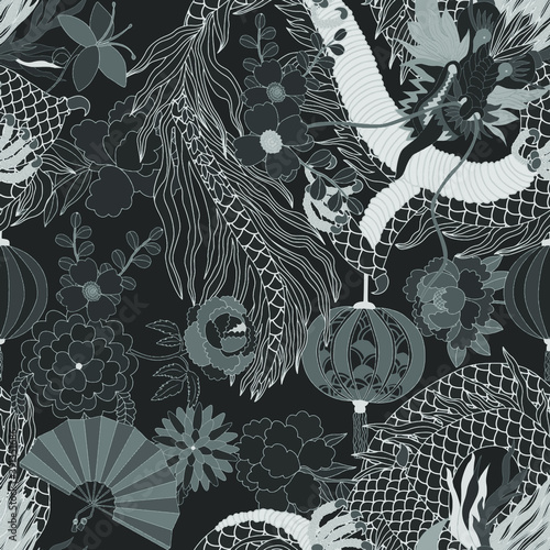 Creative seamless pattern with hand drawn chinese art elements: dragon, lantern, fan and flowers. Trendy print. Fantasy chinese dragon, great design for any purposes. Asian culture. Abstract art.	