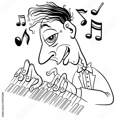 cartoon pianist character playing the piano coloring book page