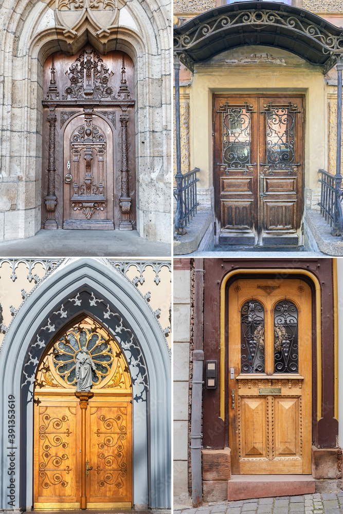 Old wooden doors with beautiful metal and wood trim in the historical part of various European cities
