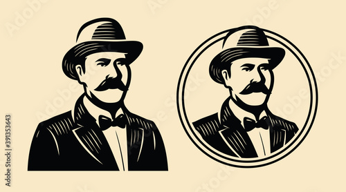 Gentleman, sir symbol. Portrait of businessman vintage sketch vector illustration photo