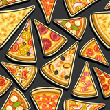 Vector Pizza Seamless Pattern, square repeating pizza background, group of cut out illustrations of flat lay triangle pizza slices of assorted types on dark background, pattern for pizzeria tablecloth