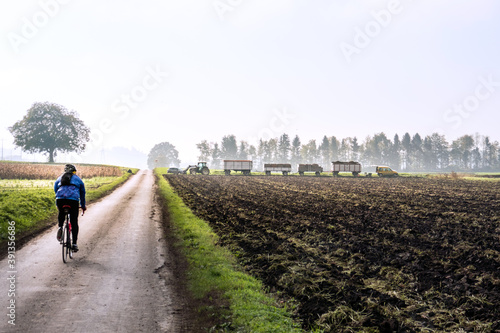 Biken über Land, berner Mittelland - Seeland, Ackerbau, Rübenernte, Landwirtschaft, Radler, Strasse, Nebel, Schweiz