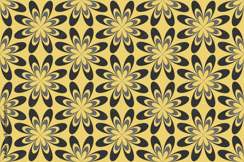 Geometric abstract floral seamless pattern. Stylish monochrome grey line texture. Optical illusion effect. Yellow color background is easy to change Geometric abstract floral seamless pattern. Stylish monochrome grey line texture. Optical illusion effect. Yellow color background is easy to change